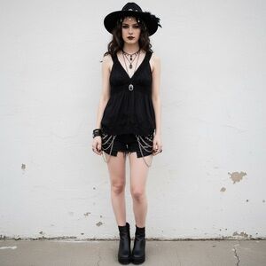 Naked‎ Zebra Black Lace Trim Babydoll Sleeveless Tank M Silk Cotton Goth Witchy